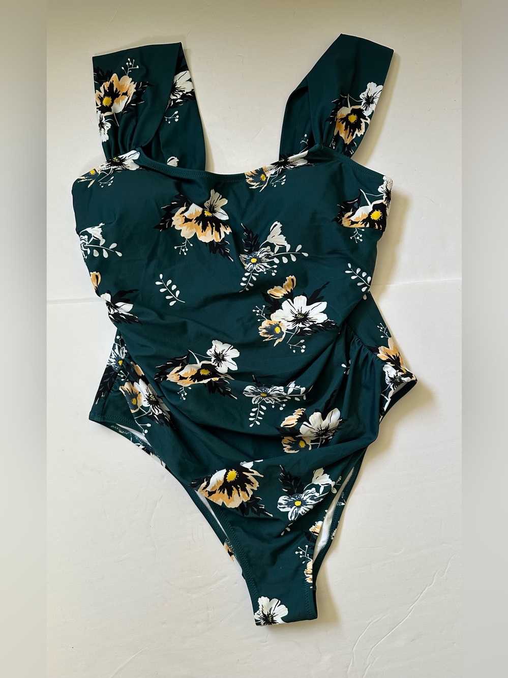 New Cupshe Wide Straps Ruched One Piece Swimsuit Green Floral Large XXL